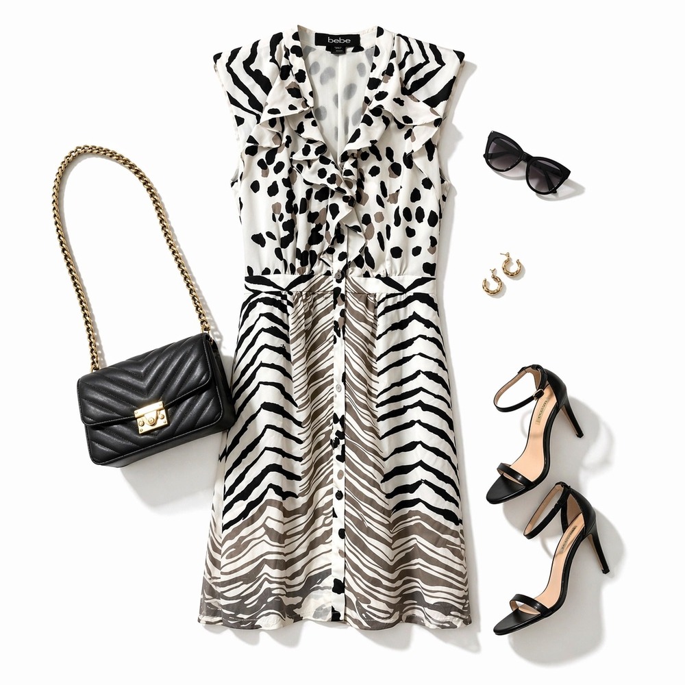 Bebe‎ Ruffle Front Animal Print Dress Size Small Zebra Leopard Mixed Print